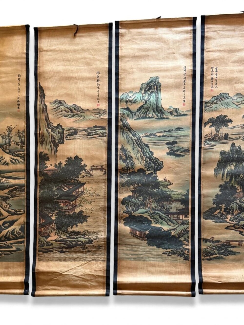Set of 4 Chinese Landscape Scroll Paintings Shanshui Mountain Lake Pagoda Wall A